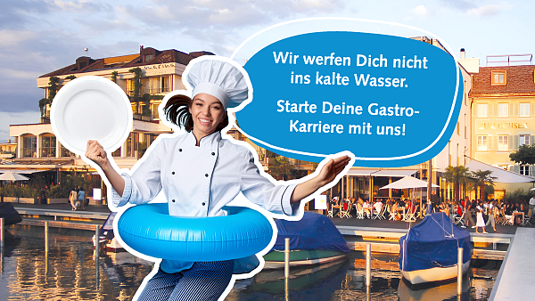 Starte Deine Karriere mit uns! KI Bild mit einer Lernenden im Schwimmring mit Teller in der Hand und Kochbekleidung