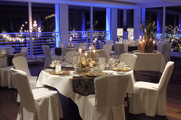 Banquet room decorated for Christmas