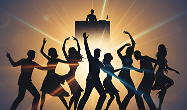 Silhoutten von tanzenden Menschen vor einem DJ Pult