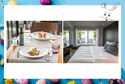 Bild mit einem Pastagericht auf einem Restauranttisch und daneben ein Hotelzimmer