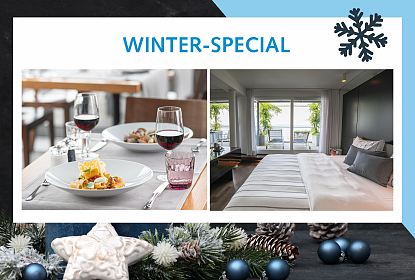 Bild mit einem Pastagericht auf einem Restauranttisch und daneben ein Hotelzimmer