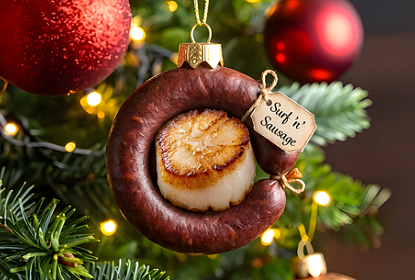 Blutwurst mit KI als Weihnachtsbaumkugel dargestellt