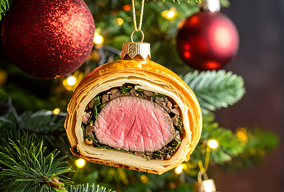 Beef Wellington mit KI als Weihnachtsbaumkugel dargestellt
