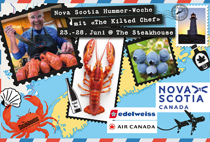 Carte de la Nouvelle-Écosse illustrée de nombreuses photos culinaires ainsi que d'un portrait de The Kilted Chef
