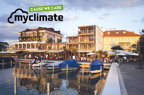 Aussenansicht Marina Lachen mit myclimate Logo