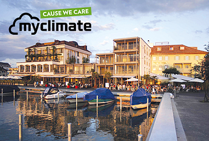 Aussenansicht der Marina Lachen mit Logo von myclimate «Cause We Care»