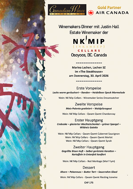 Auflistung des Menüs und der Weine des Events